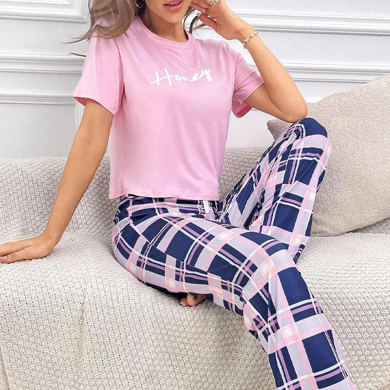 Conjunto de Pijama Feminino Super Macio Algodão Manga Curta Rosa com Calça Comprida Duas Peças de Alta Qualidade Conjunto de Homewear